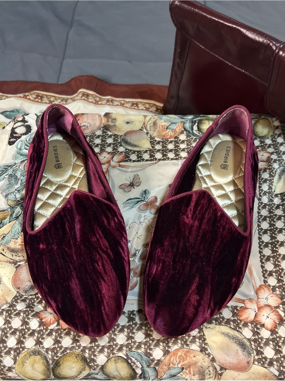 Birdies Womens Heron Flat Red Wine Velvet Slip on Romantic Smoking Loafers 7.5